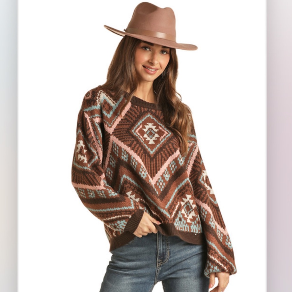 Rock & Roll Cowgirl Brown and Pink Patterned Sweater